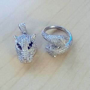 Zircon Simulated 925 Sterling Silver Rhodium Overlay Panther Pendant & Ring Sz 7